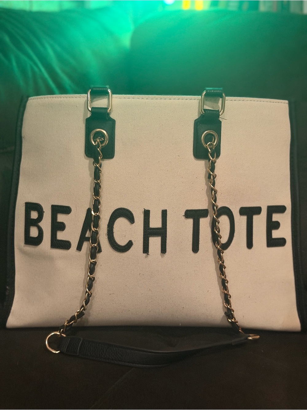 BEACH TOTE Canvas Shoulder Bag with Chain Straps - Black & Cream